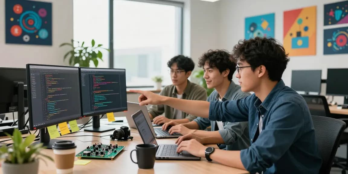 Team collaborating on software project at WPS Official Website with monitors displaying code and vibrant office decor.