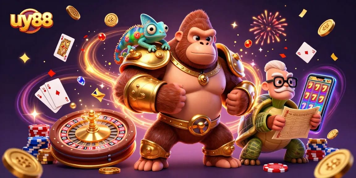 Engage with uy88's vibrant casino scene featuring a gorilla king, chameleon, and tortoise, surrounded by dynamic gaming elements.