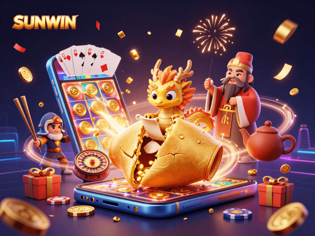 SUNWIN casino scene featuring a golden fortune cookie, wise dragon, dynamic mobile game elements, and festive atmosphere.