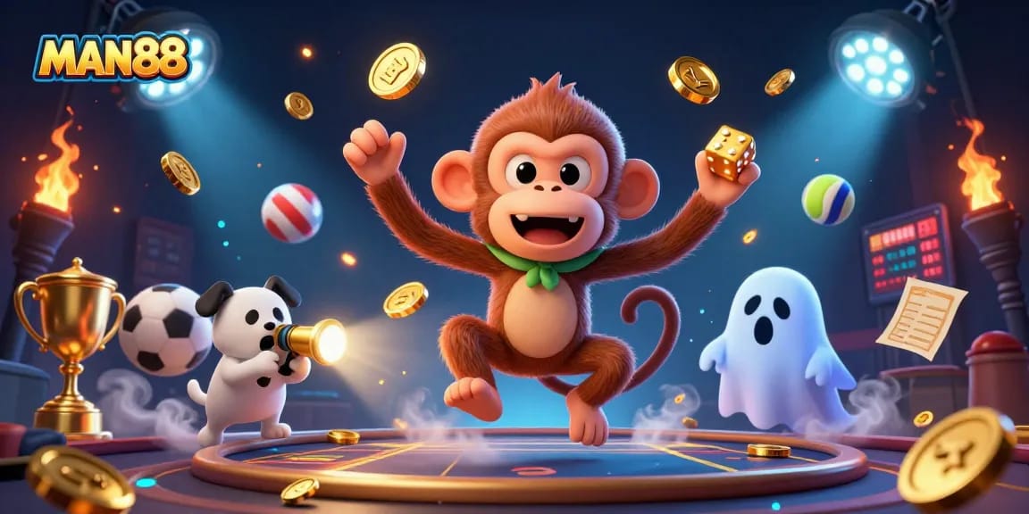 Engage in thrilling gameplay at MAN88 with golden chips and sports elements illuminating the haunted casino.