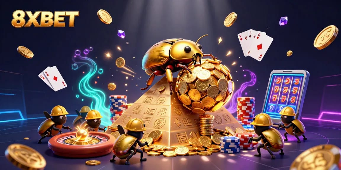 Engage with the excitement of 8XBET through vibrant golden coins and thrilling casino elements.