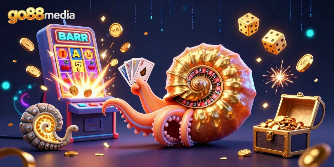 Experience winning at go88media with a vibrant 3D illustration depicting a giant nautilus roulette wheel surrounded by casino treasures.