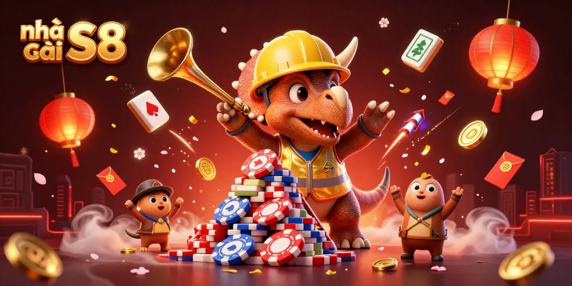 Engage with Nhà cái S8 by witnessing a vibrant casino scene showcasing colorful characters and dynamic game elements.