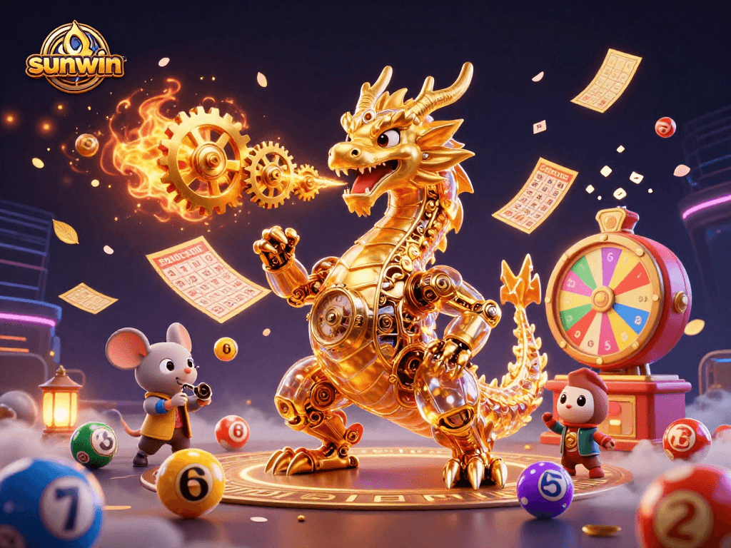 Engage with the vibrant world of sunwin as colorful lottery balls and a golden dragon create an electrifying casino atmosphere.