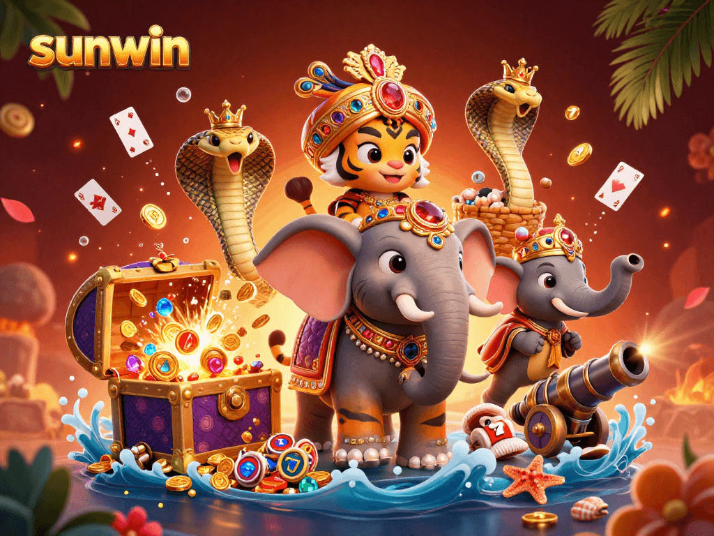 Join the excitement with sunwin's ultra-detailed 3D casino scene showcasing vibrant characters and slot elements.