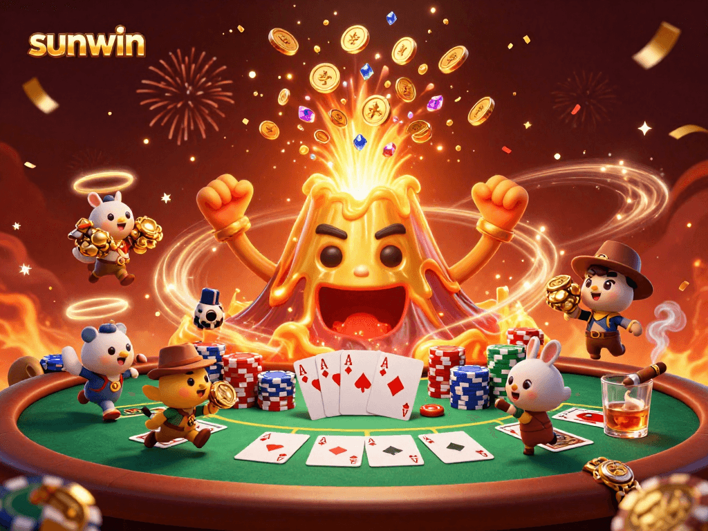 Engage with the thrilling sunwin volcano eruption scene, filled with treasures and poker action!