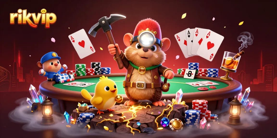 Experience the excitement of rikvip with a treasure hunter and poker elements in a vibrant casino scene.