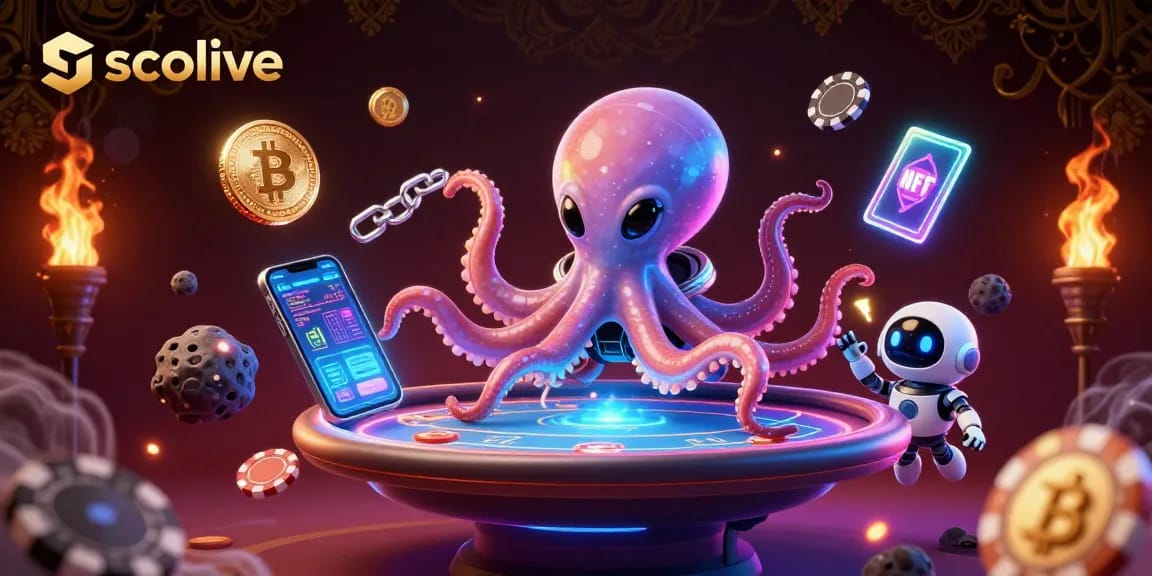 Socolive showcases an imaginative alien octopus masterfully operating a holographic poker table, surrounded by vibrant, dynamic gaming elements.