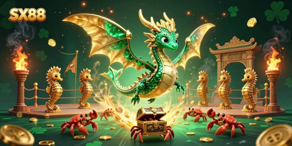 Experience the thrilling adventures of SX88 with a majestic sea dragon amidst a dynamic casino scene.