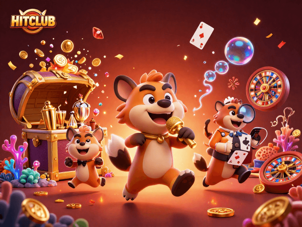 Engage with HITCLUB's vibrant 3D casino scene featuring lively hyena characters in a comedy club.
