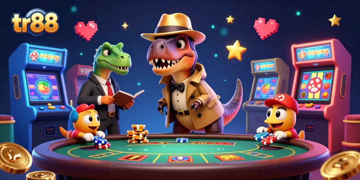 Experience thrilling gaming at tr88 with a velociraptor card counter in action amid vibrant casino elements.