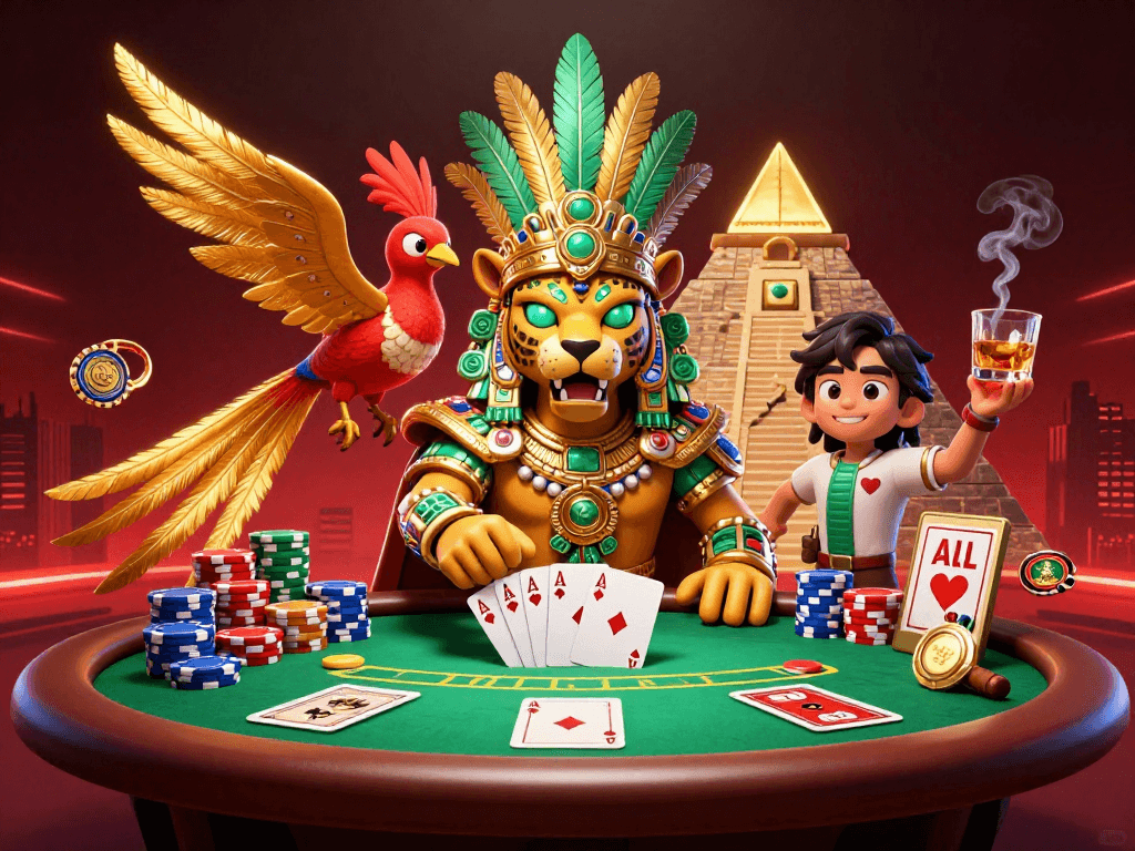 Sunwin casino action featuring vibrant Mayan jaguar priest and poker elements in a dynamic scene.