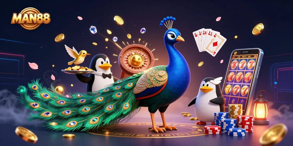 Experience the excitement of MAN88's casino thrills with vibrant characters and dazzling jackpots.