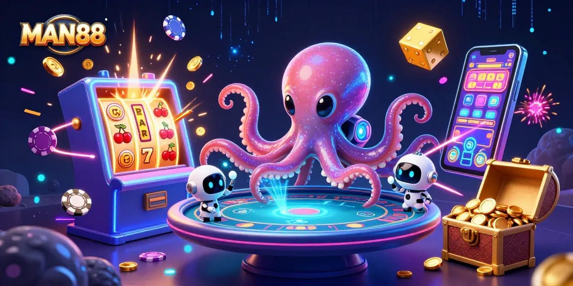 Experience the thrill of MAN88 with a holographic poker table and exciting gaming elements.