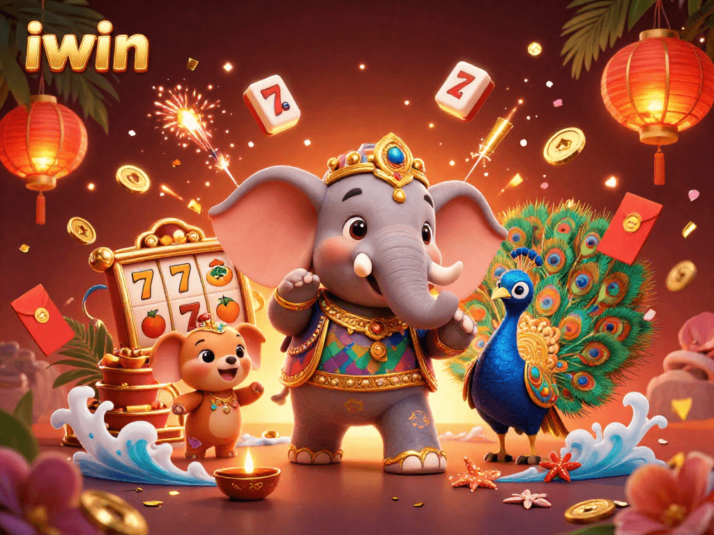 Engage in thrilling slots with iwin's vibrant 3D casino-themed artwork featuring elephants and festive decor.