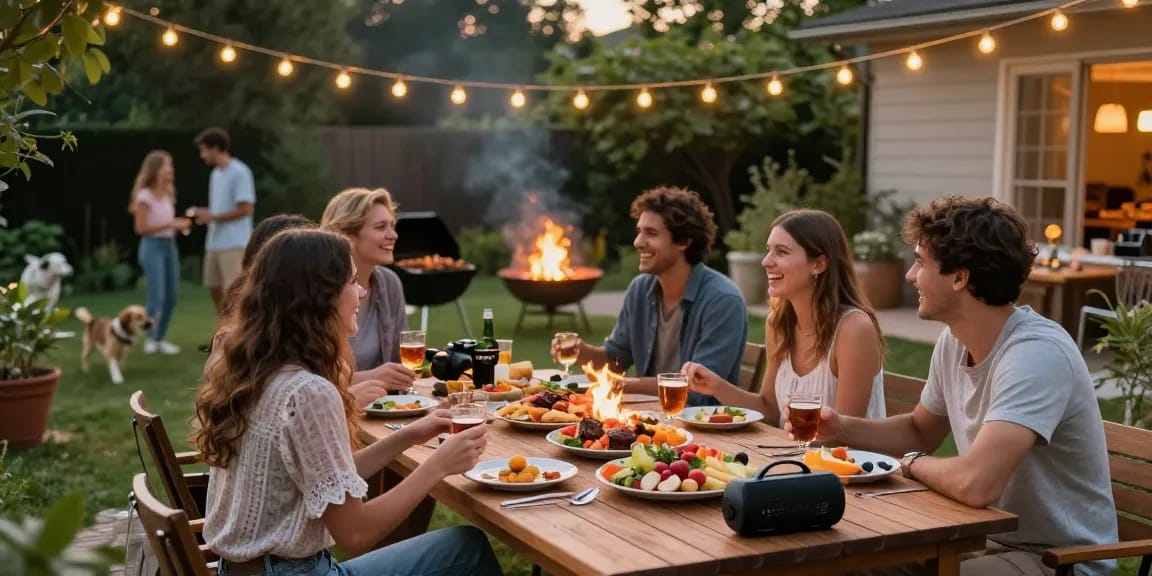 Outdoor gathering featuring friends enjoying barbecue and lively conversations, ideal for entertaining blogs.