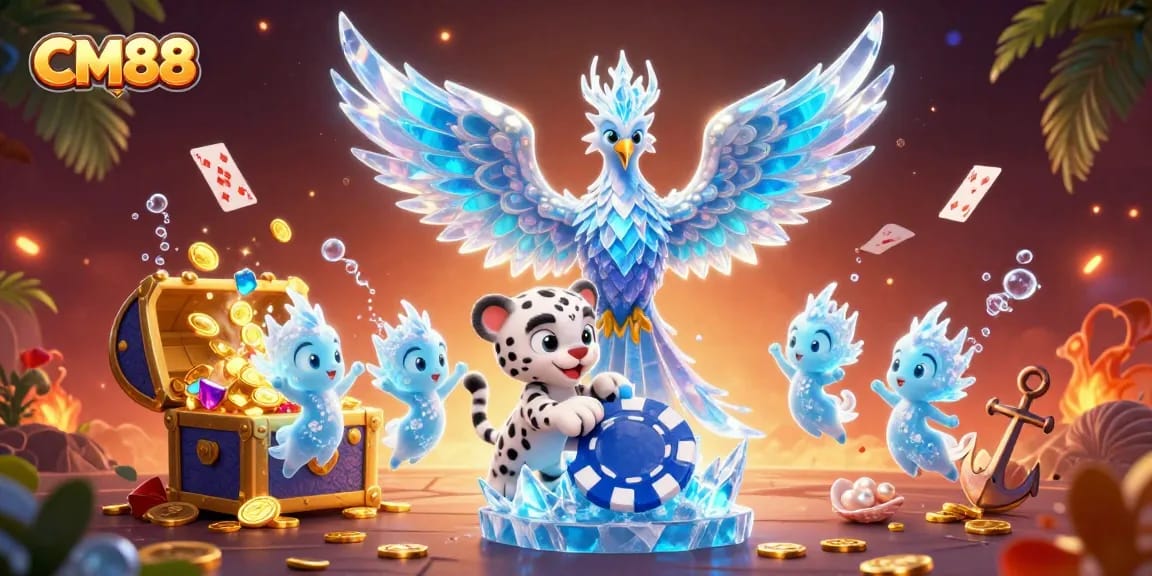 Engage with CM88’s vibrant gaming universe featuring an ice phoenix, poker cub, and enchanted treasure.