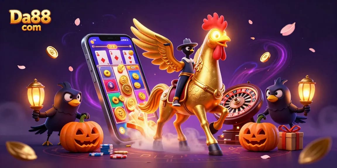 Engage with Da88 com's vibrant casino scene featuring a golden rooster and thrilling gaming elements.