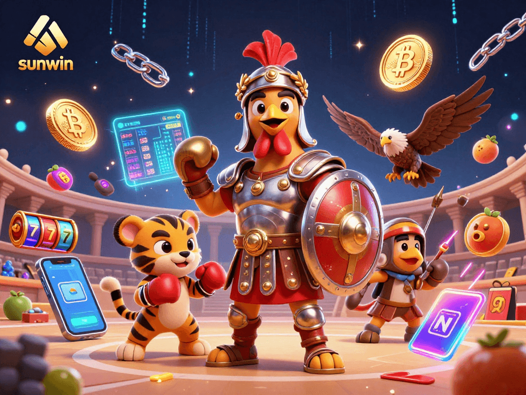 Experience thrilling casino action with sunwin's dynamic 3D illustration showcasing gladiators and crypto elements.
