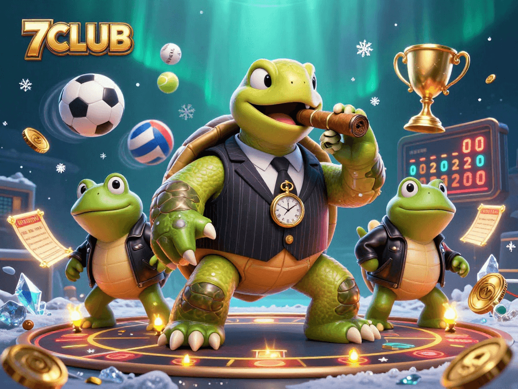 Experience the thrill of 7CLUB in a vibrant 3D casino scene with characters and game elements.