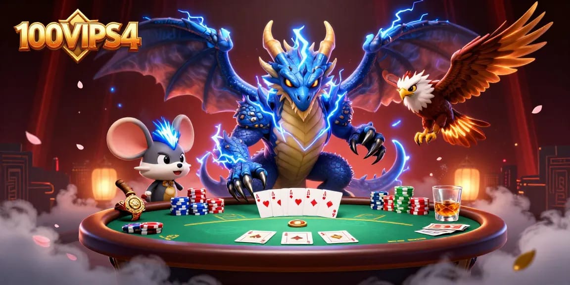 Engage with thrilling poker action in the vibrant world of 100VIPS4, featuring dynamic characters.