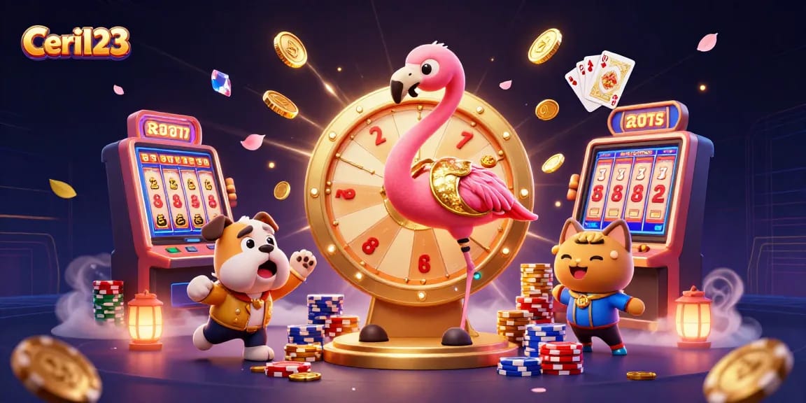 Experience Ceri123 with an exciting game show scene featuring a flamingo host, a bulldog contestant, and prize elements.