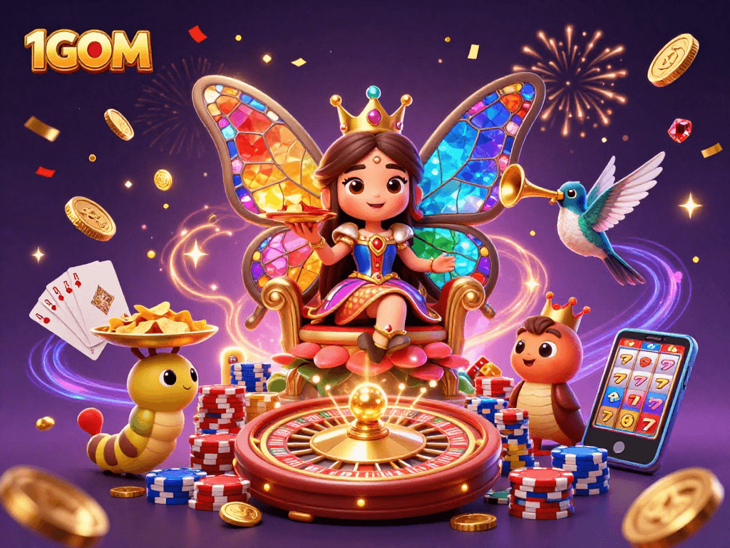 Engage in thrilling gameplay at 1GOM with an enchanting butterfly queen and dynamic casino elements.