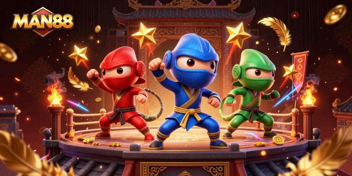 Experience thrilling action with the MAN88 ninja chameleon team showcasing synchronized martial arts in a vibrant casino setting.