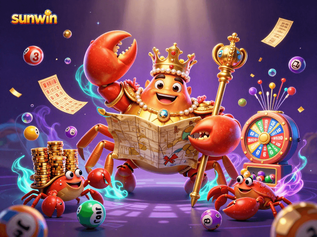Play exciting games at sunwin with a vibrant casino scene featuring colorful elements and dynamic lottery action.