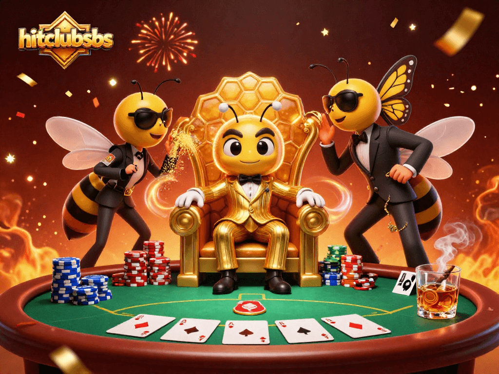 Hitclubsbs showcases high-stakes poker with a bumblebee mob boss character amid vibrant casino action.