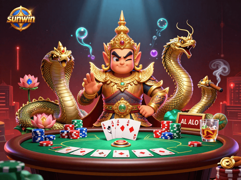 sunwin elevates your gameplay at a vibrant poker table with dynamic elements and colorful characters.