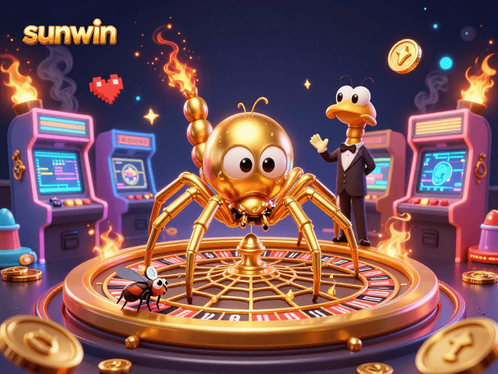 Join the excitement at sunwin with a golden spider and a centipede croupier in a dynamic casino scene.