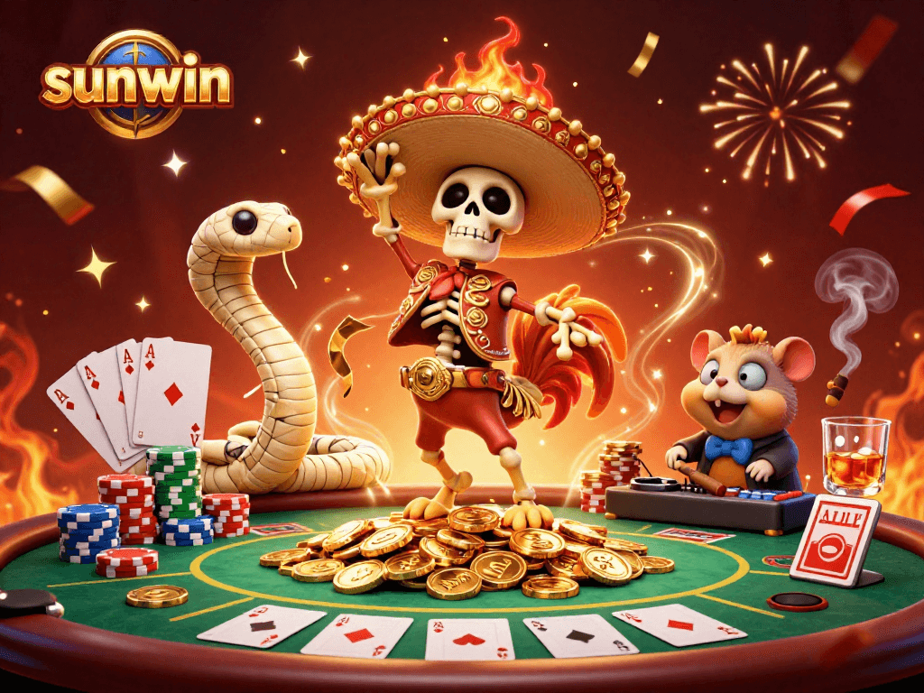 Engage with sunwin's thrilling casino scene featuring a vibrant dancing mariachi rooster and eclectic gaming elements.