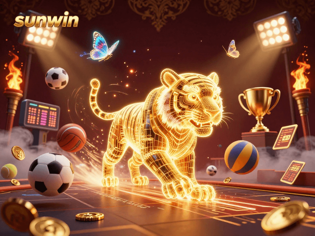 Engage with the vibrant world of sunwin casino featuring a golden tiger and dynamic sports elements.