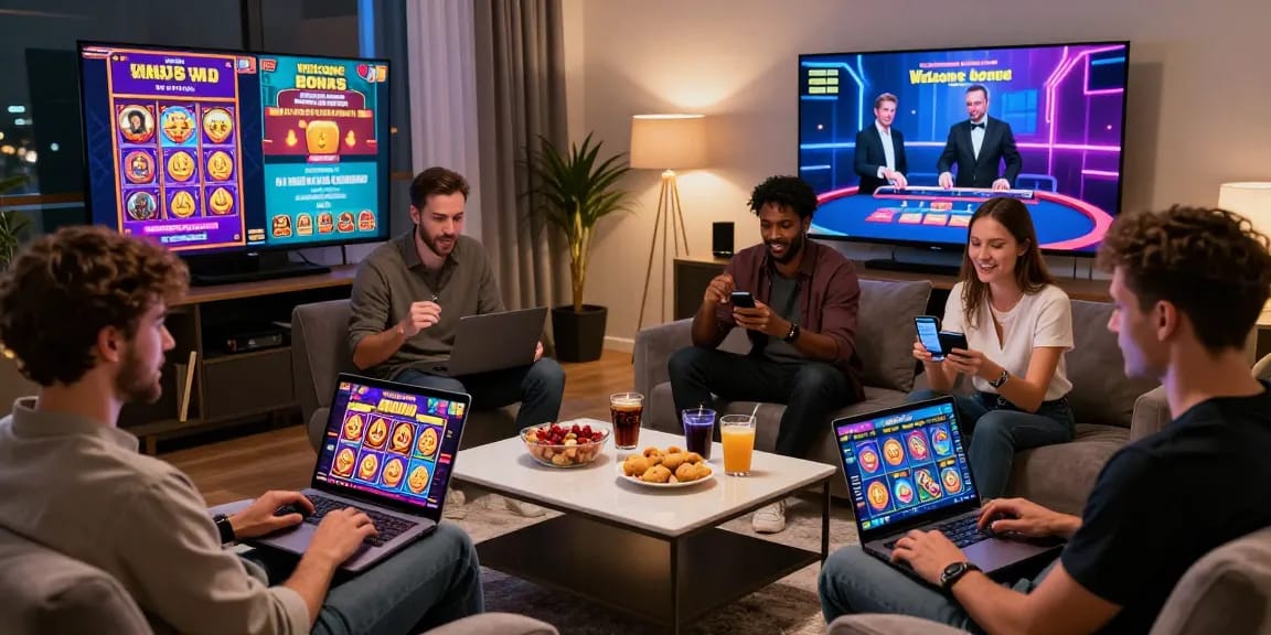 Players enjoying non UK licensed casinos on laptops and mobile devices in a vibrant, welcoming gaming environment.