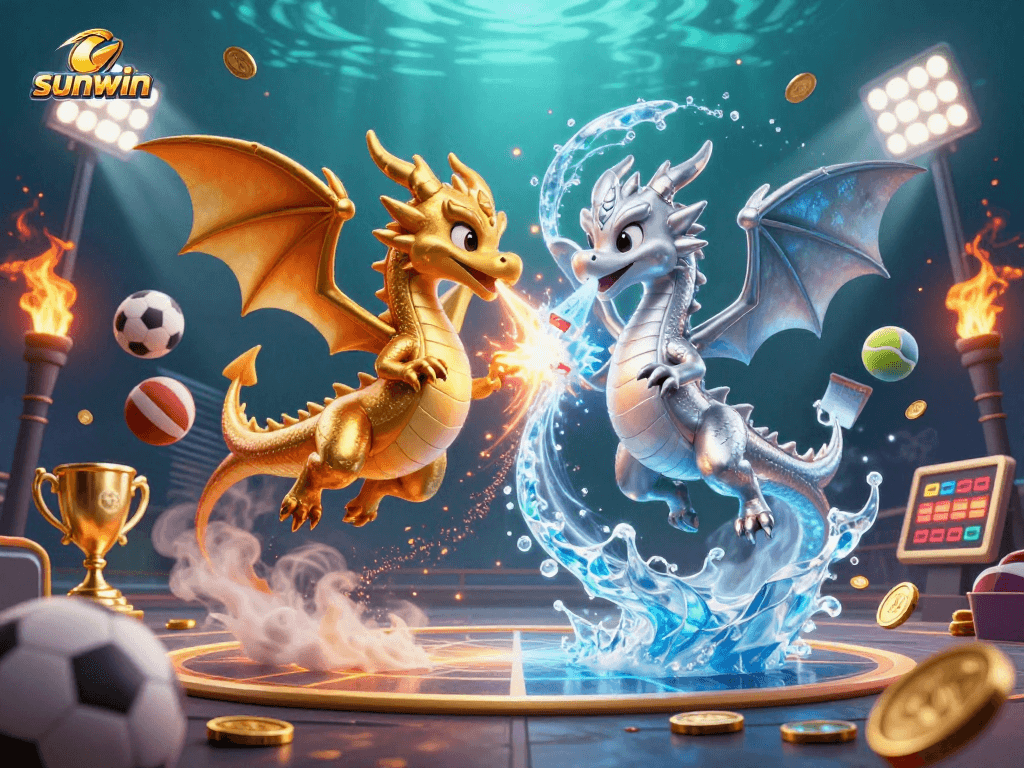 Experience sunwin's dynamic gaming action with fierce golden and silver dragons in an energetic casino scene.