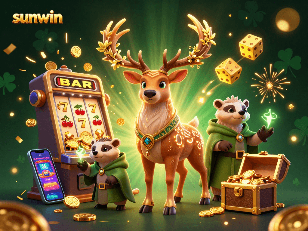 Play and win big with sunwin, featuring a whimsical stag, badger, and casino elements in vibrant scene.