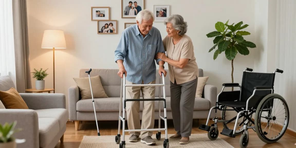 Buy nobility aids in a cozy home setting with supportive couple using mobility aids.