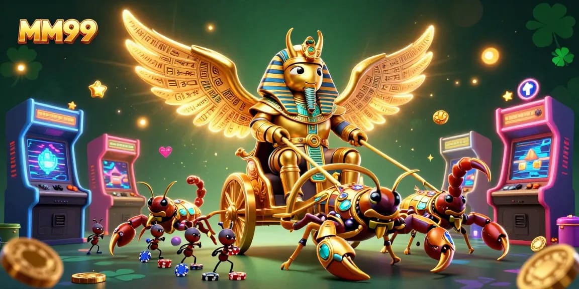 Experience the excitement of MM99 with a vibrant 3D illustration showcasing casino games and playful characters.