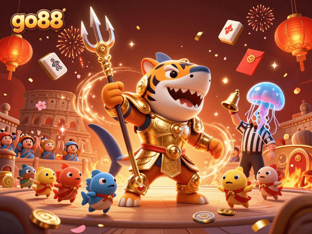 Experience the thrill of go88 with a vibrant underwater casino scene showcasing a gladiator shark and festive elements.
