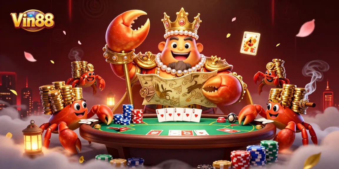 Engage with Vin 88 as a golden crab emperor rules a vibrant poker scene filled with excitement.