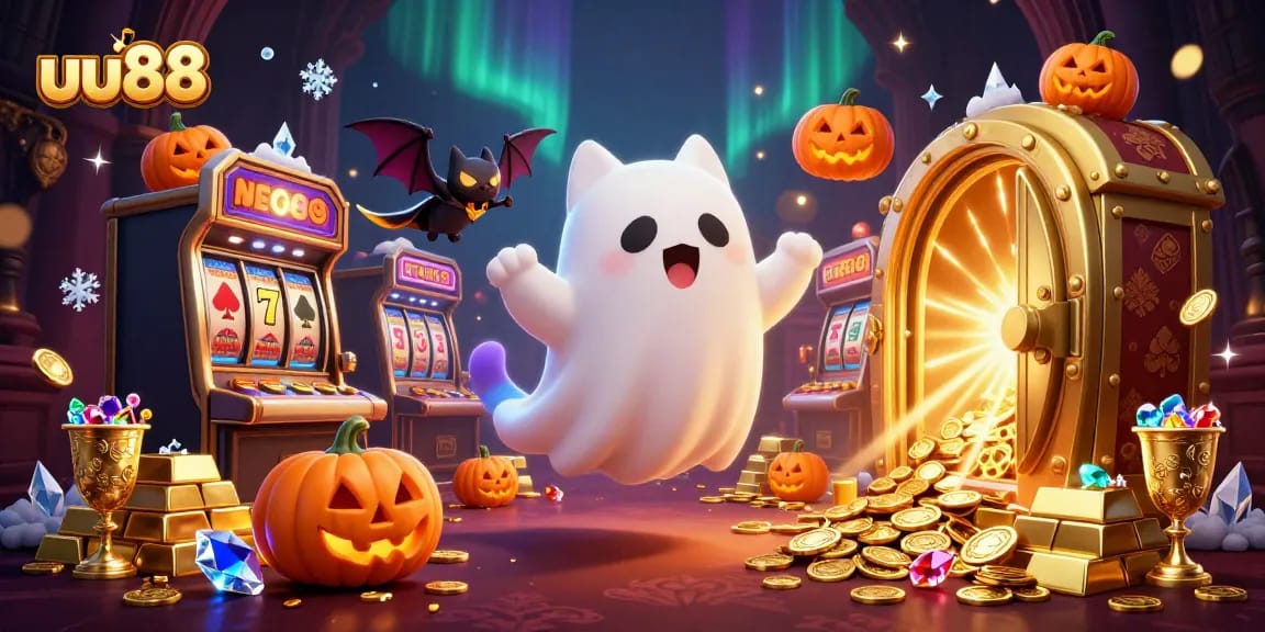 uu88 ghost cat navigates a haunted casino, revealing treasures and jackpots