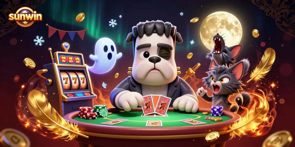 Experience the thrill at sunwin with card games, gold coins, and whimsical casino characters!