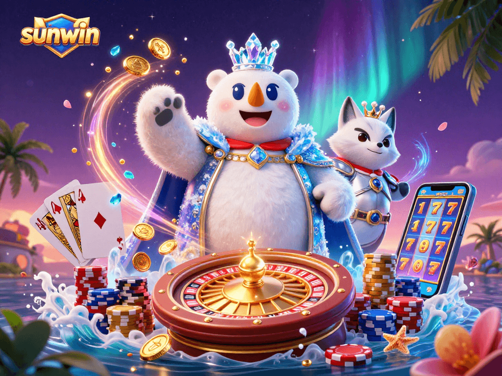 Get lucky with sunwin's dynamic casino scene featuring a polar bear and fox amidst riches.