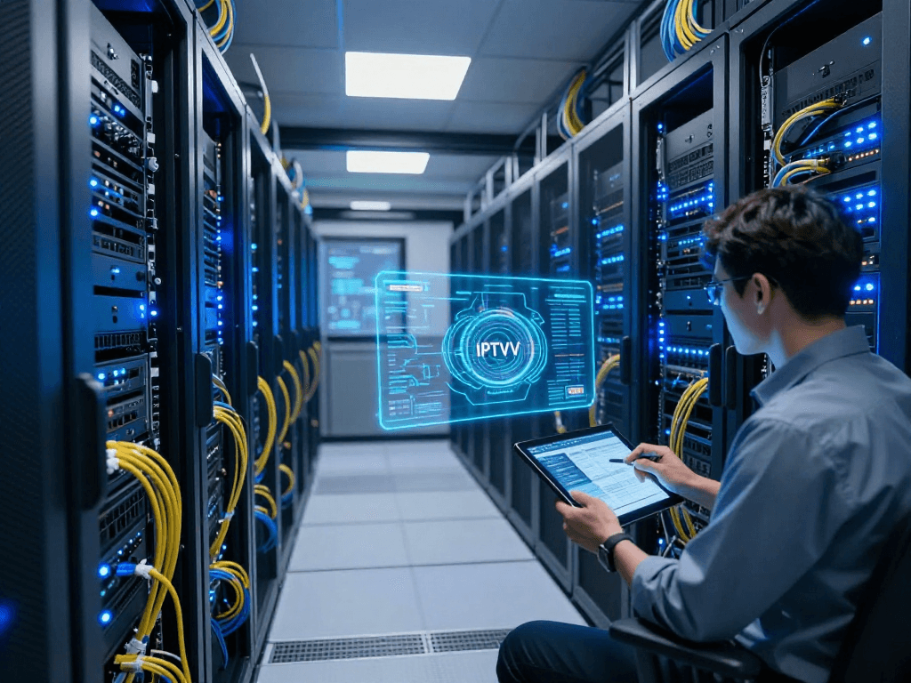 IPTV panel in a modern data centre showcasing cutting-edge server performance and cloud computing capabilities.