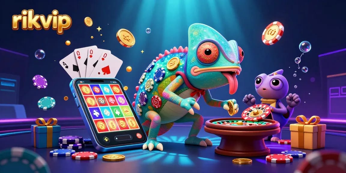 rikvip chameleon casino owner dynamically captures golden coins, surrounded by vibrant gambling elements