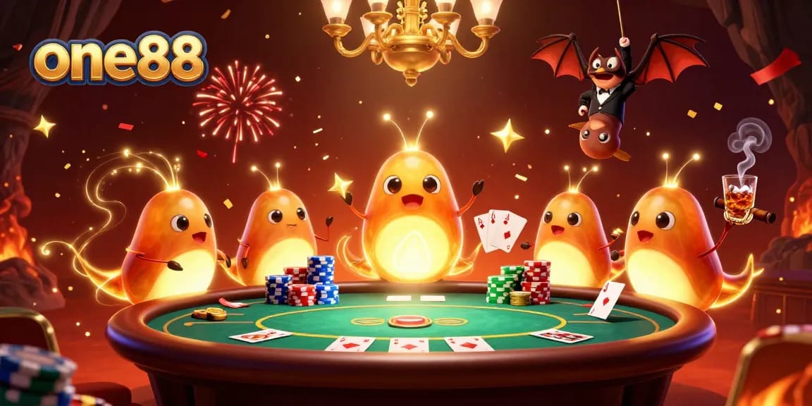 One88 poker scene illuminated by glowworms, showcasing vibrant casino atmosphere.