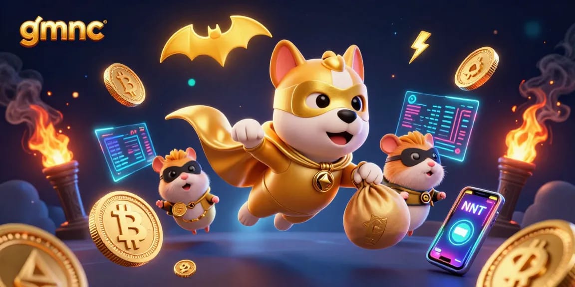 gmnc illustrates a heroic dog and hamster duo flying amidst casino symbols in a dynamic crypto landscape.
