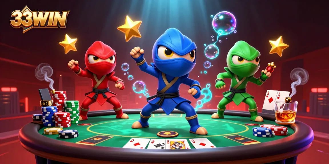 33WIN's exciting poker showdown with ninja chameleon characters battling through vibrant casino elements.