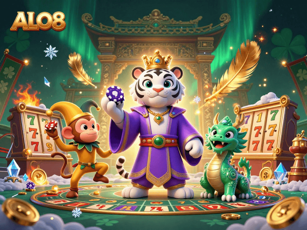 Experience the exciting world of ALO8 as the playful golden monkey juggles poker chips amid vibrant casino elements.